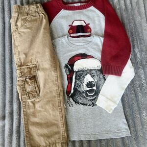 Boys winter Outfit Khaki cargo pants and Knit Sweater thermal longsleves 5 y